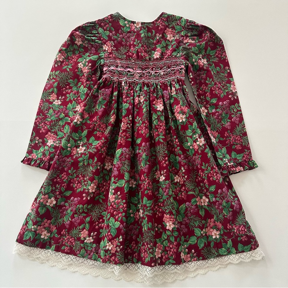 Vintage Polly Flinders Girls 6X Floral Long Sleeve Smocked Dress
